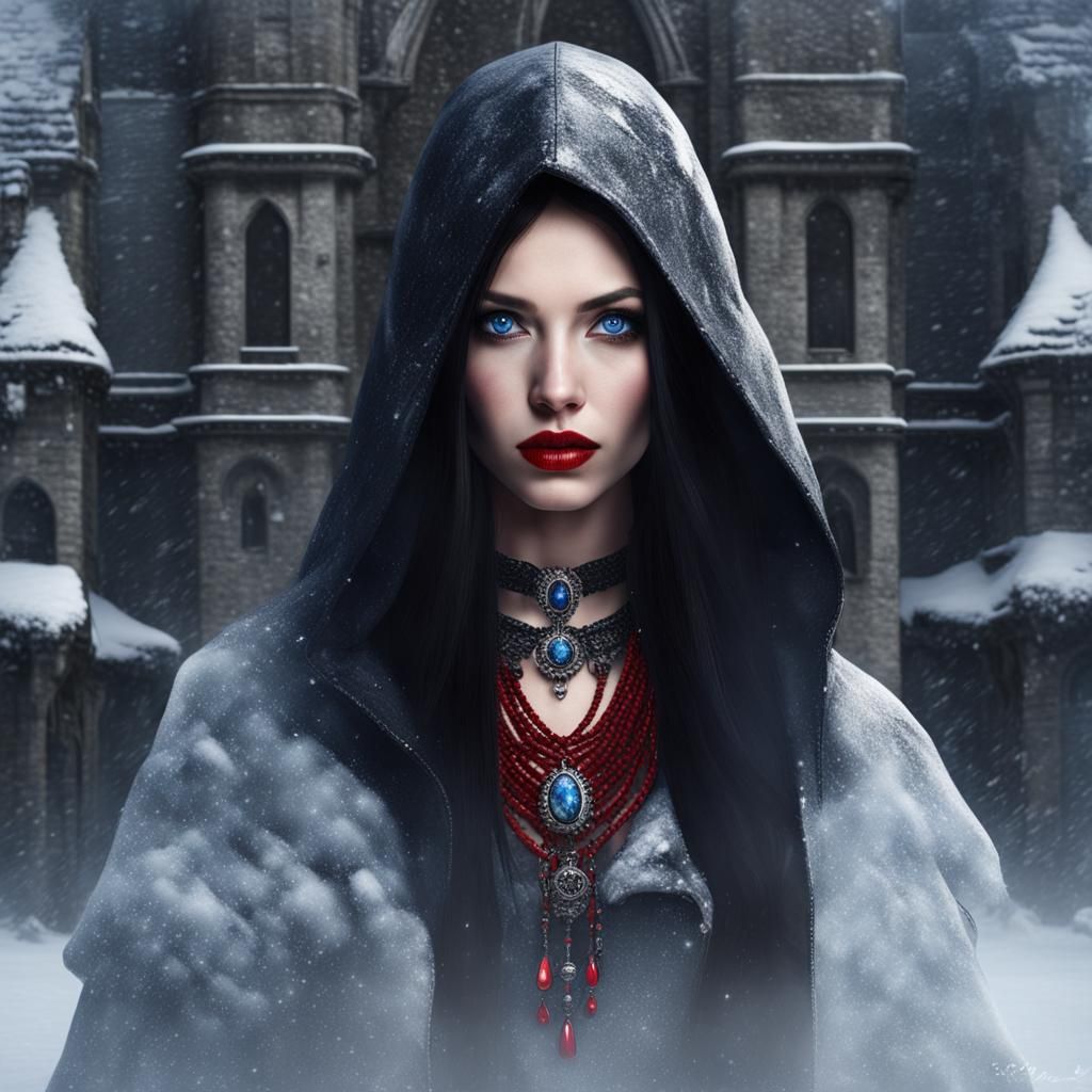 Vampiric Woman with Ruby Necklace in Snowy Castle