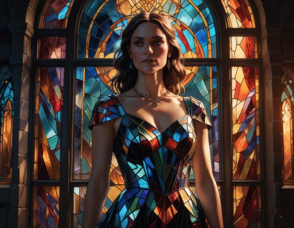 Woman in Gown Through Stained Glass in Surreal Oil Painting