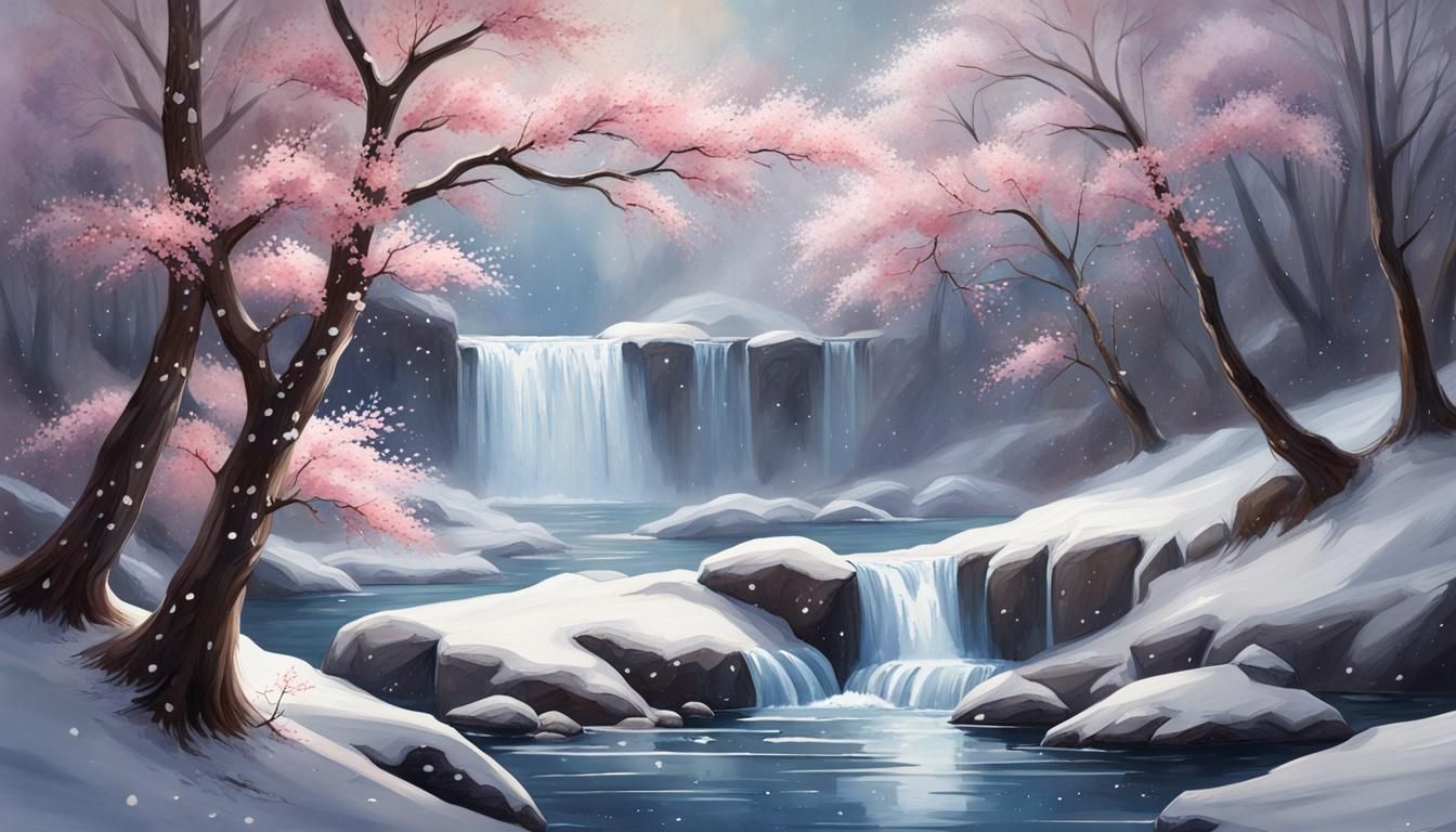 Winter Waterfall River Landscape Oil Painting