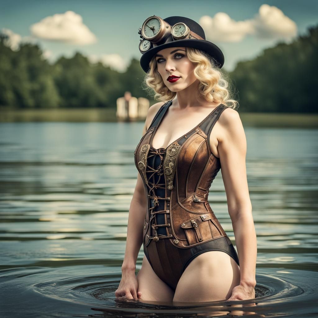 Vintage Woman Enters Lake with Steampunk Engine