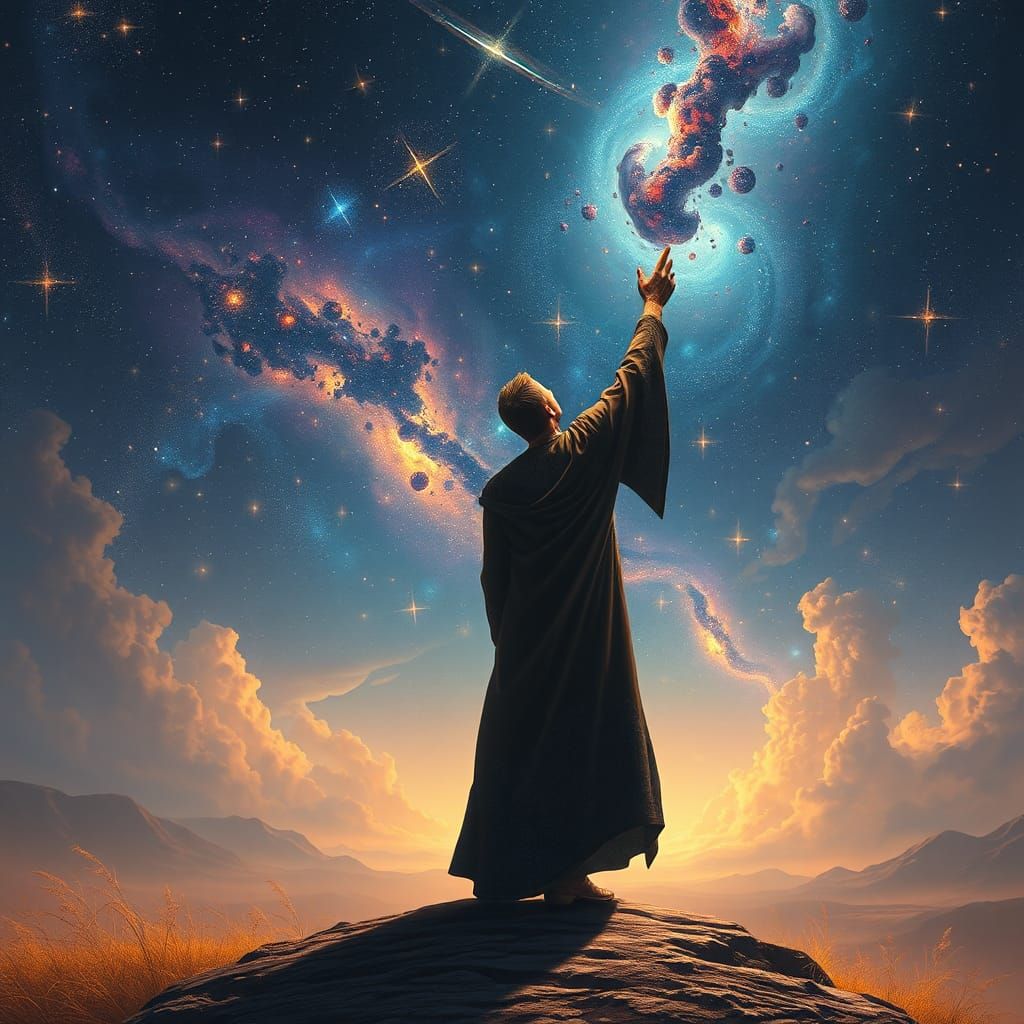 Celestial Touch: Surreal Figure Among the Stars