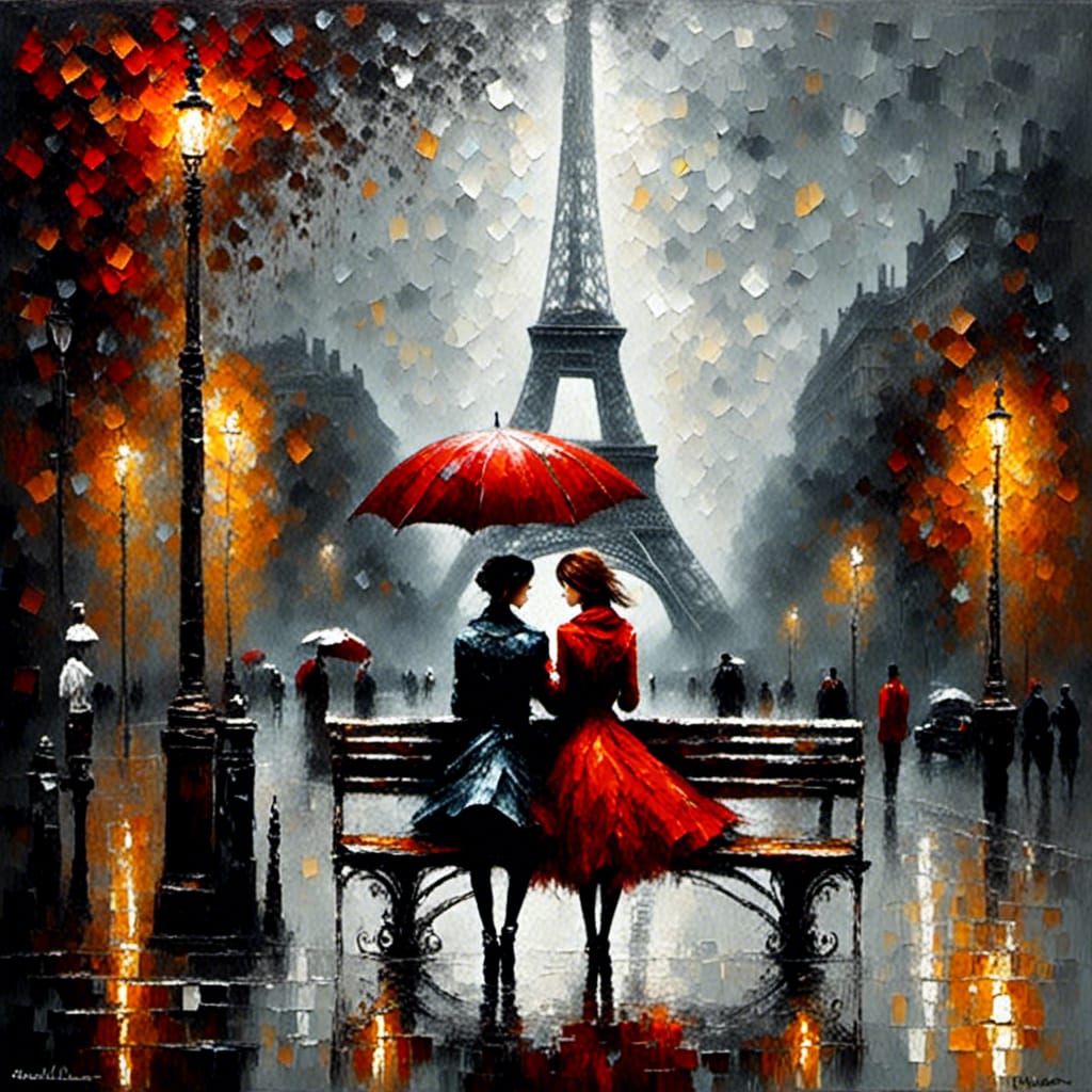 Lesbian Couple in Rainy Paris, Oil Painting