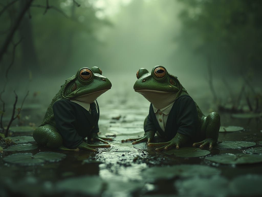 Frogs Meet in Misty Swamp: A Surreal Encounter
