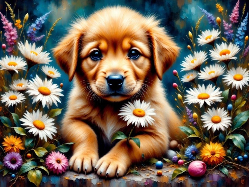 Vibrant Grunge Puppy Holding a Daisy in Thick Paint