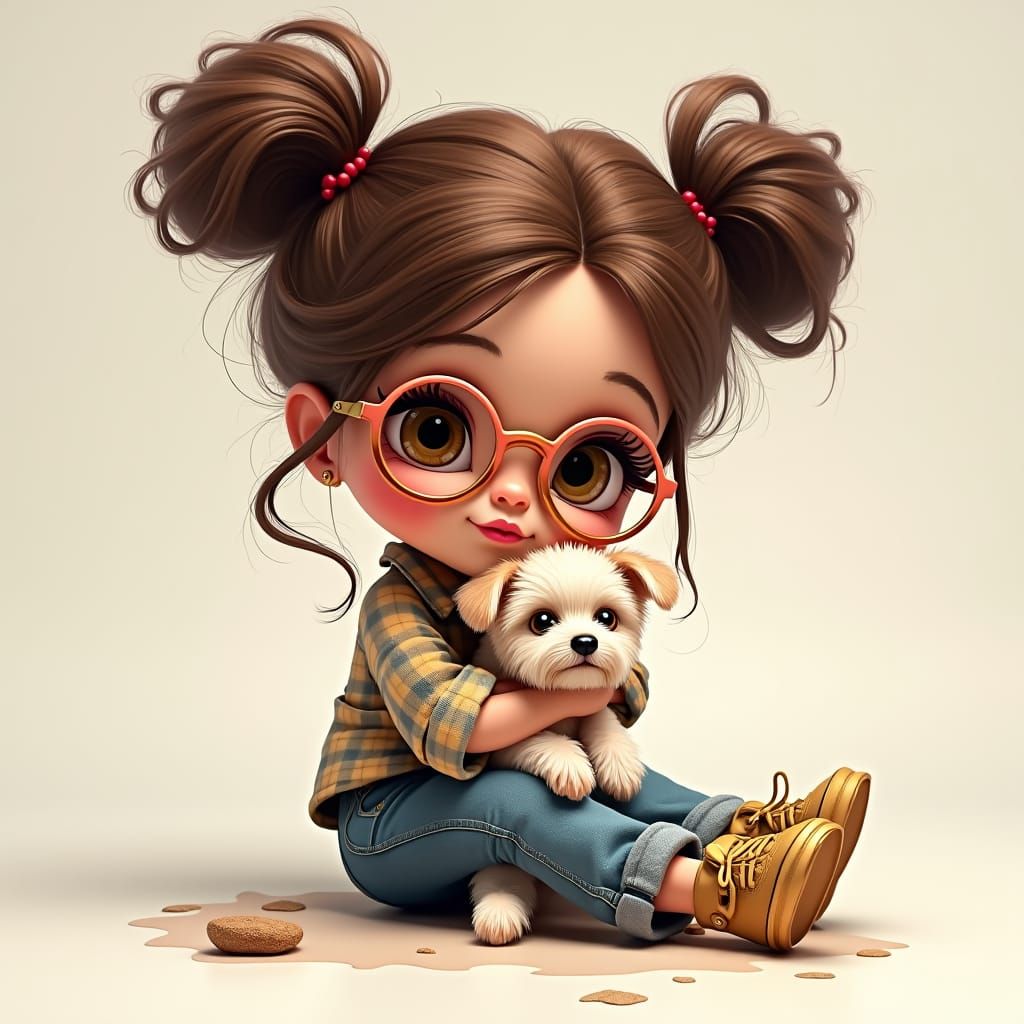 Cute Chibi Bratz Doll with Puppy in Mixed Media