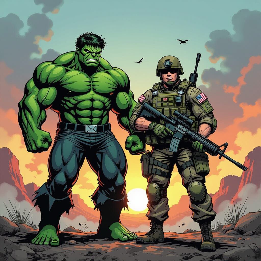 Hulk and US Soldier in Comic Book Style