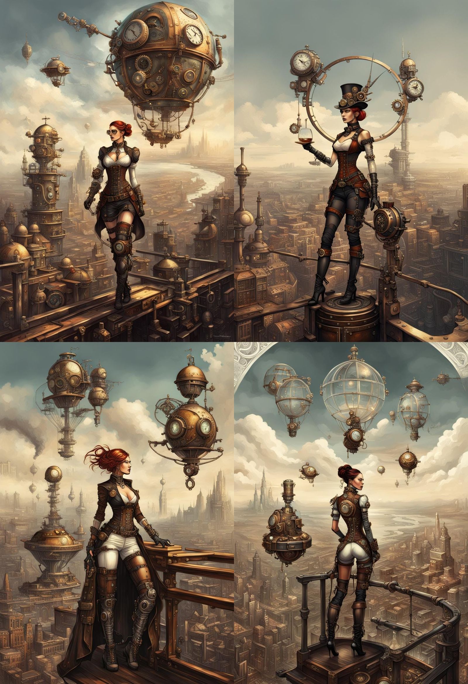 Steampunk Cyborg Bartender in Ornate Cityscape