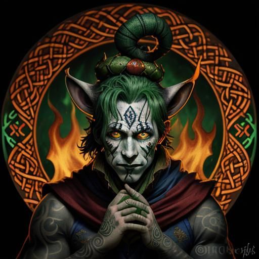 Stunning scared Celtic jester entirely covered with traditional Celtic tattoos. Green eyes and ears. Fire and flames in ...