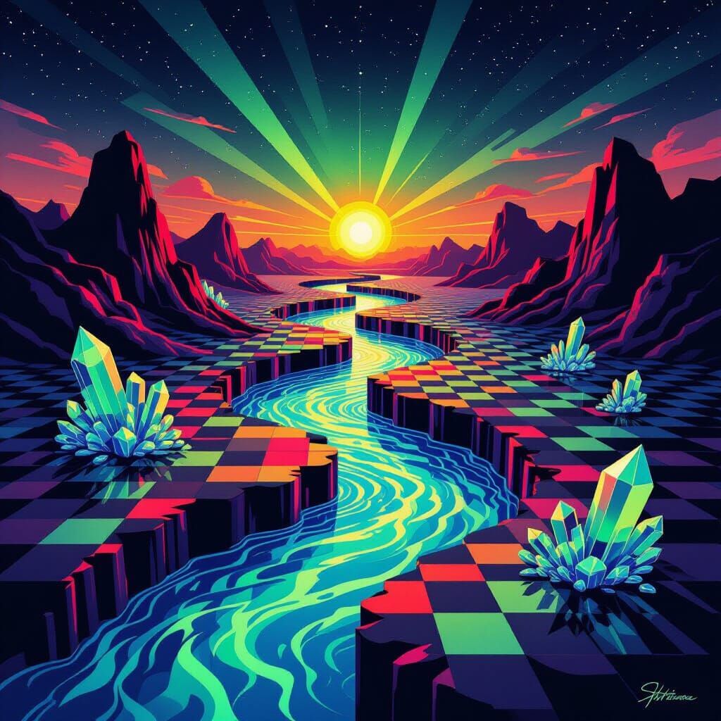 Surreal Landscape with Prismatic Neon Rivers