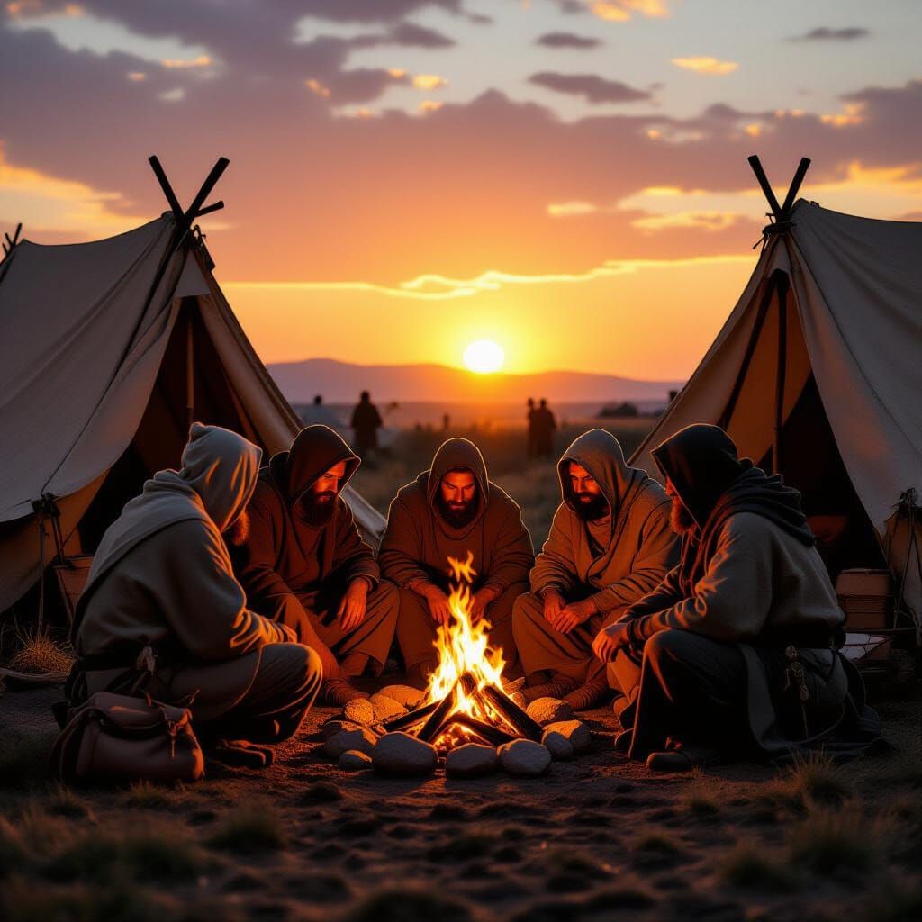 Medieval Pilgrims by Campfire in Golden Sunset Light