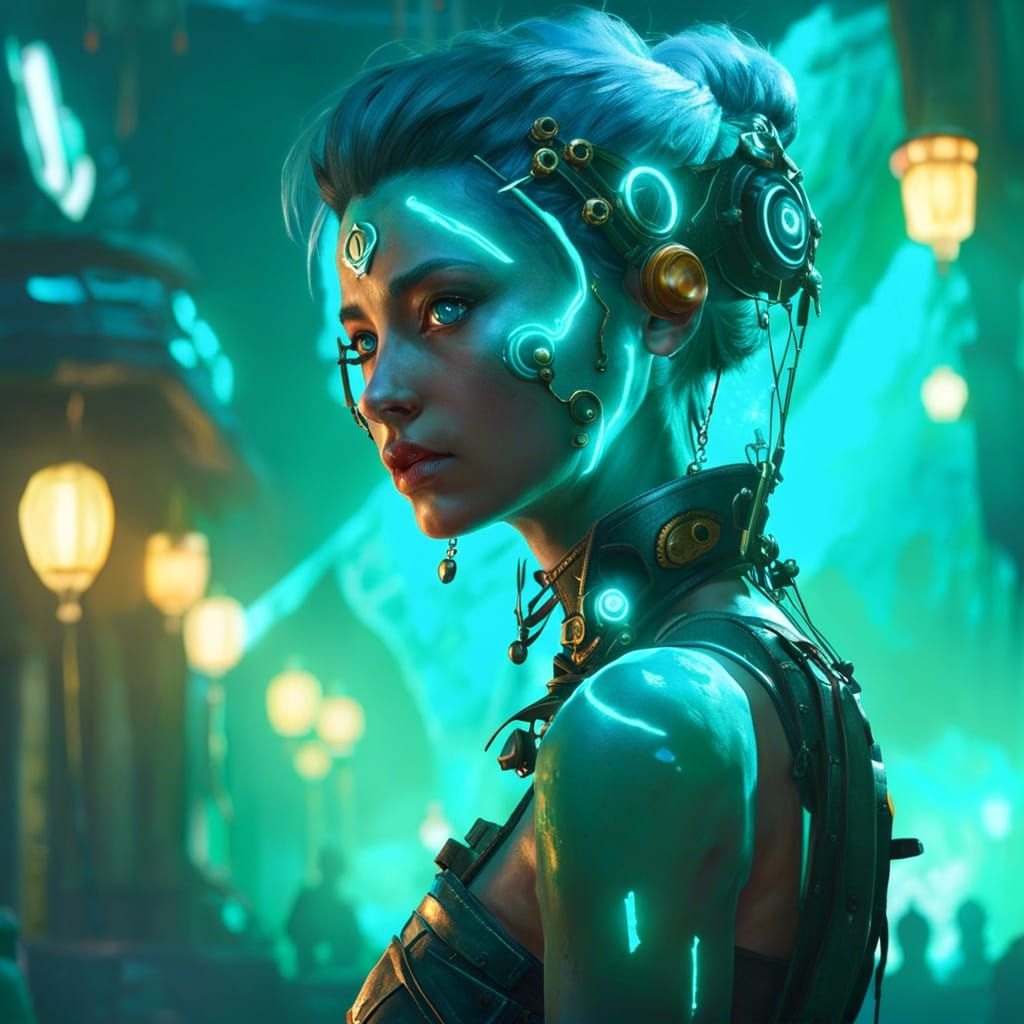 Cyan Sylph with Glowing Eyes in Biopunk Style