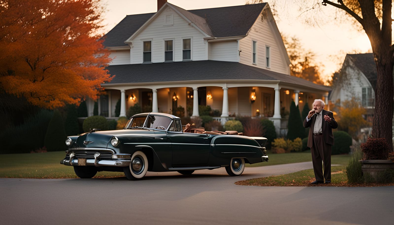 Nostalgic Autumn Scene with Man on Porch