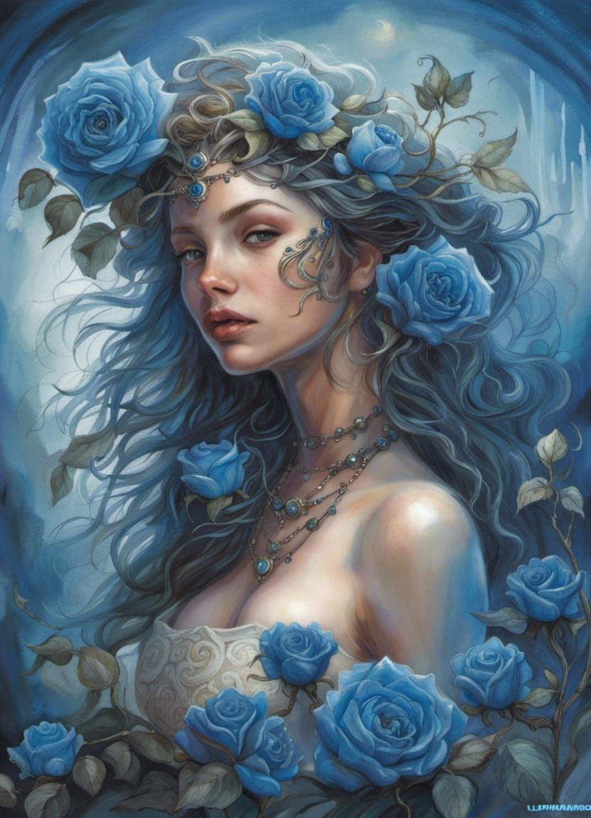 Enchantress in Blue Roses Fantasy Art