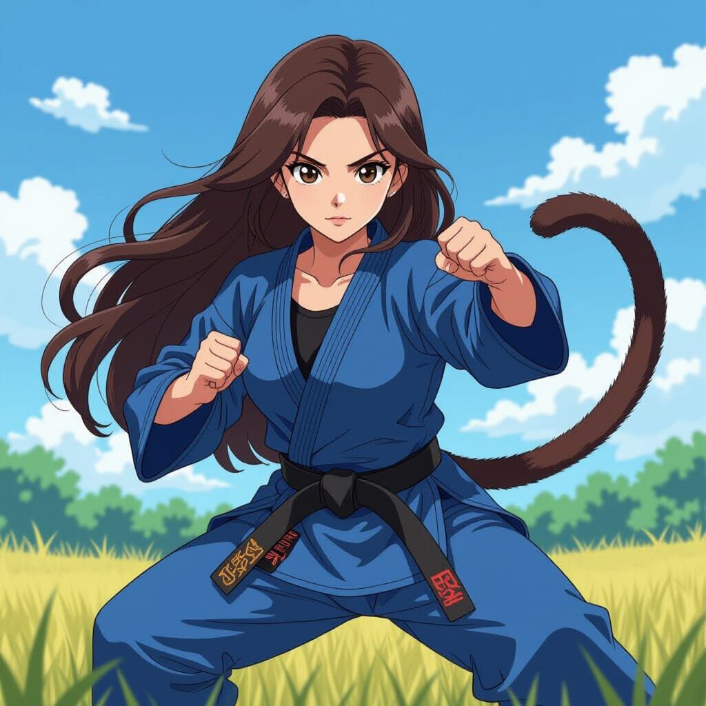 Anime Woman in Judo Robe with Monkey Tail in Field