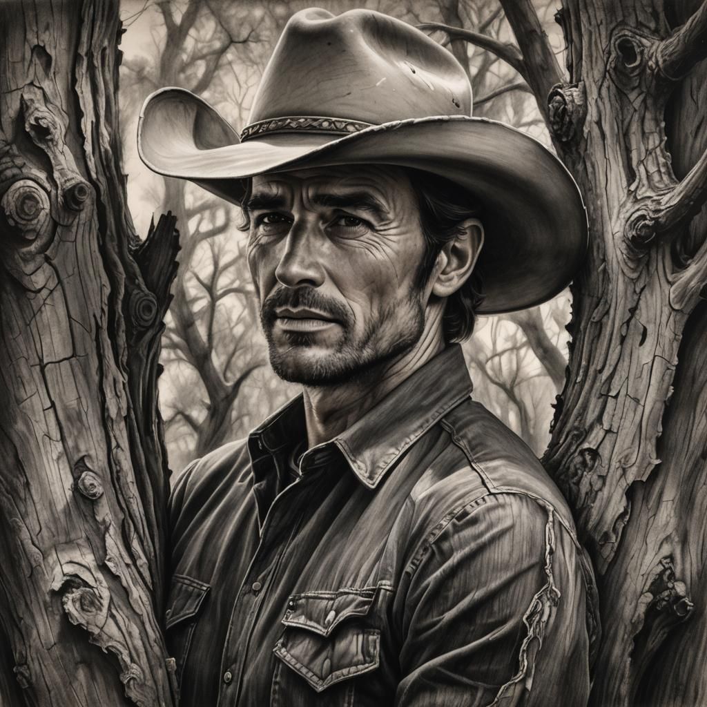 Handsome Cowboy in Charcoal Drawing with Dramatic Lighting