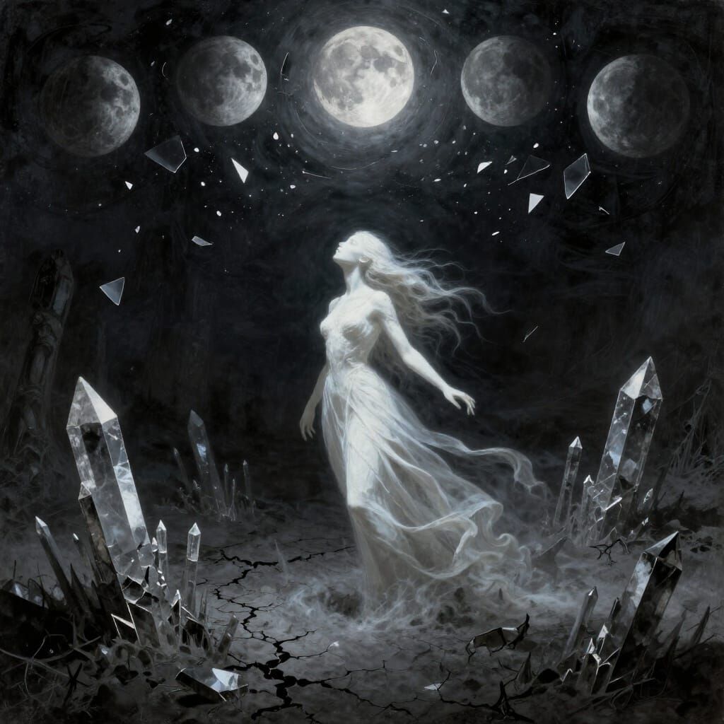 Ethereal Figure in Shattered Moonscape