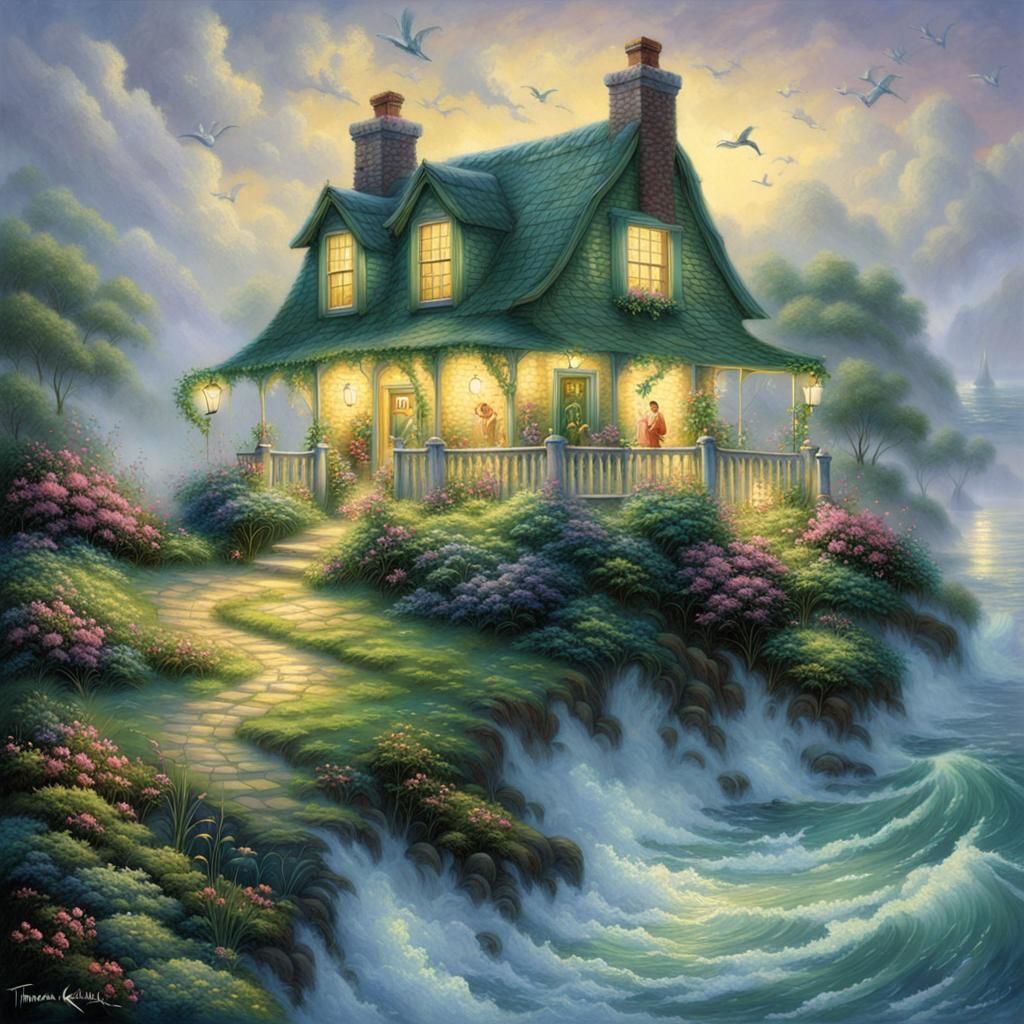 Ethereal Beach Cottage at Night in Hyperdetailed Style