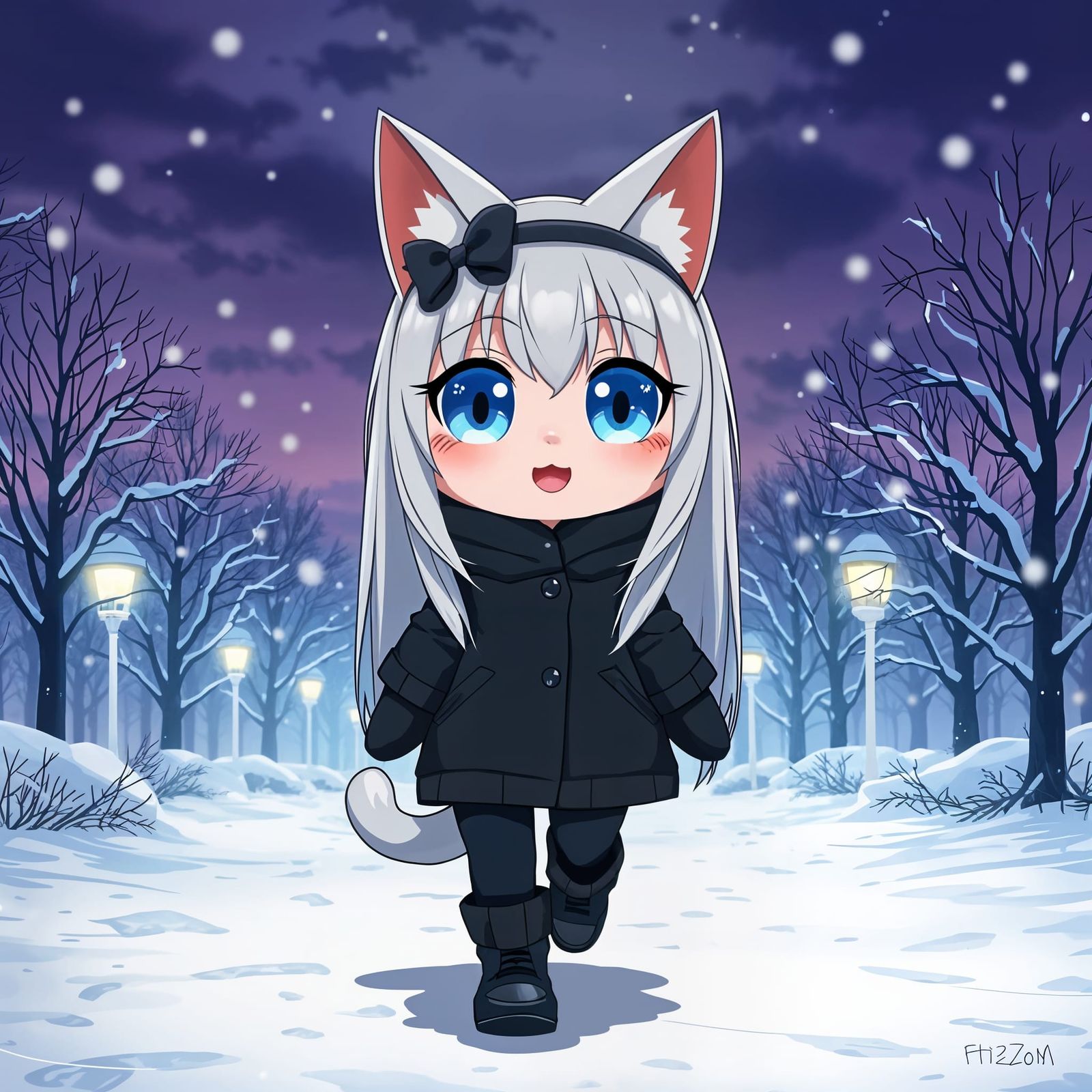 Anime Catgirl in Snowy Park at Night