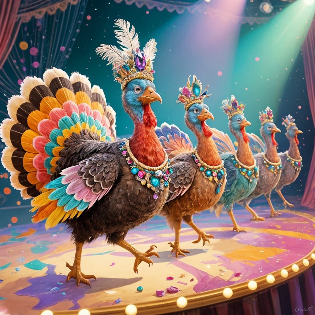 Glamorous Turkeys Dance on Vibrant Cabaret Stage