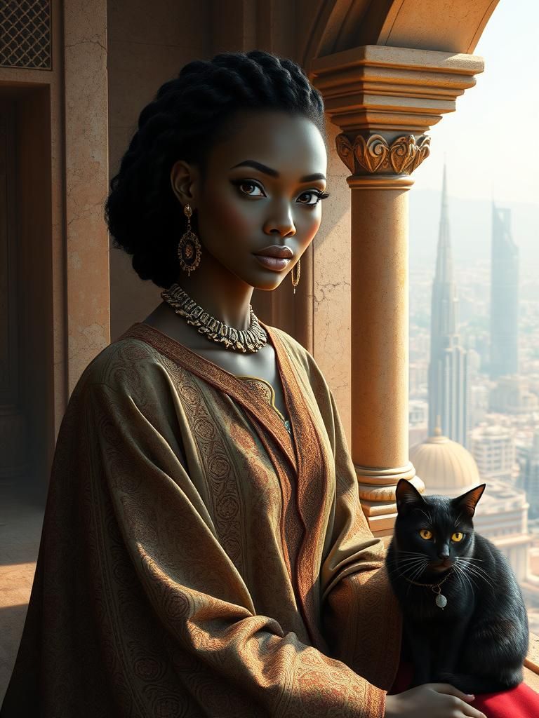 Afrofuturist Portrait of Regal Woman with Cat