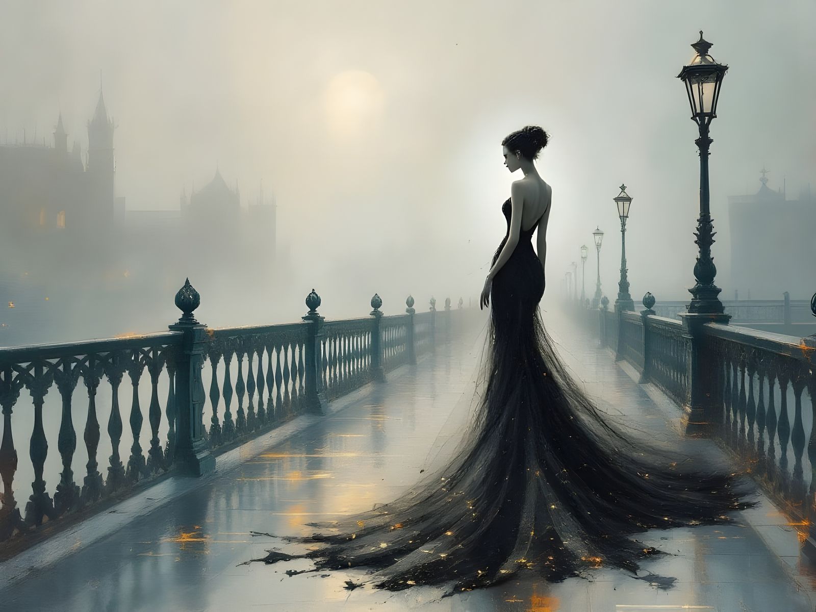Ethereal Gown on Foggy Venice Bridge