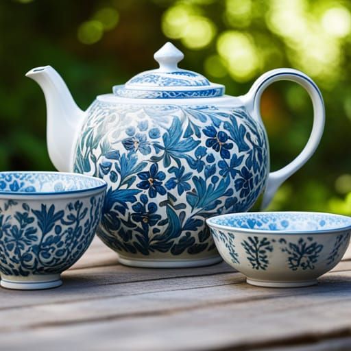 Ornate Teapot and Cups in Garden, William Morris Style