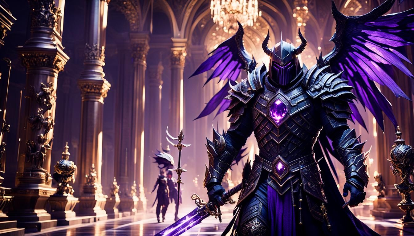 Dark Knight with Fiery Sword in Gothic Hallway