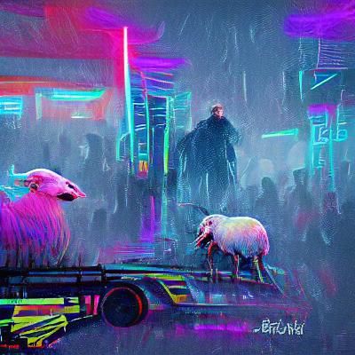 Sheep in Cyberpunk 2099 Neon Cityscape