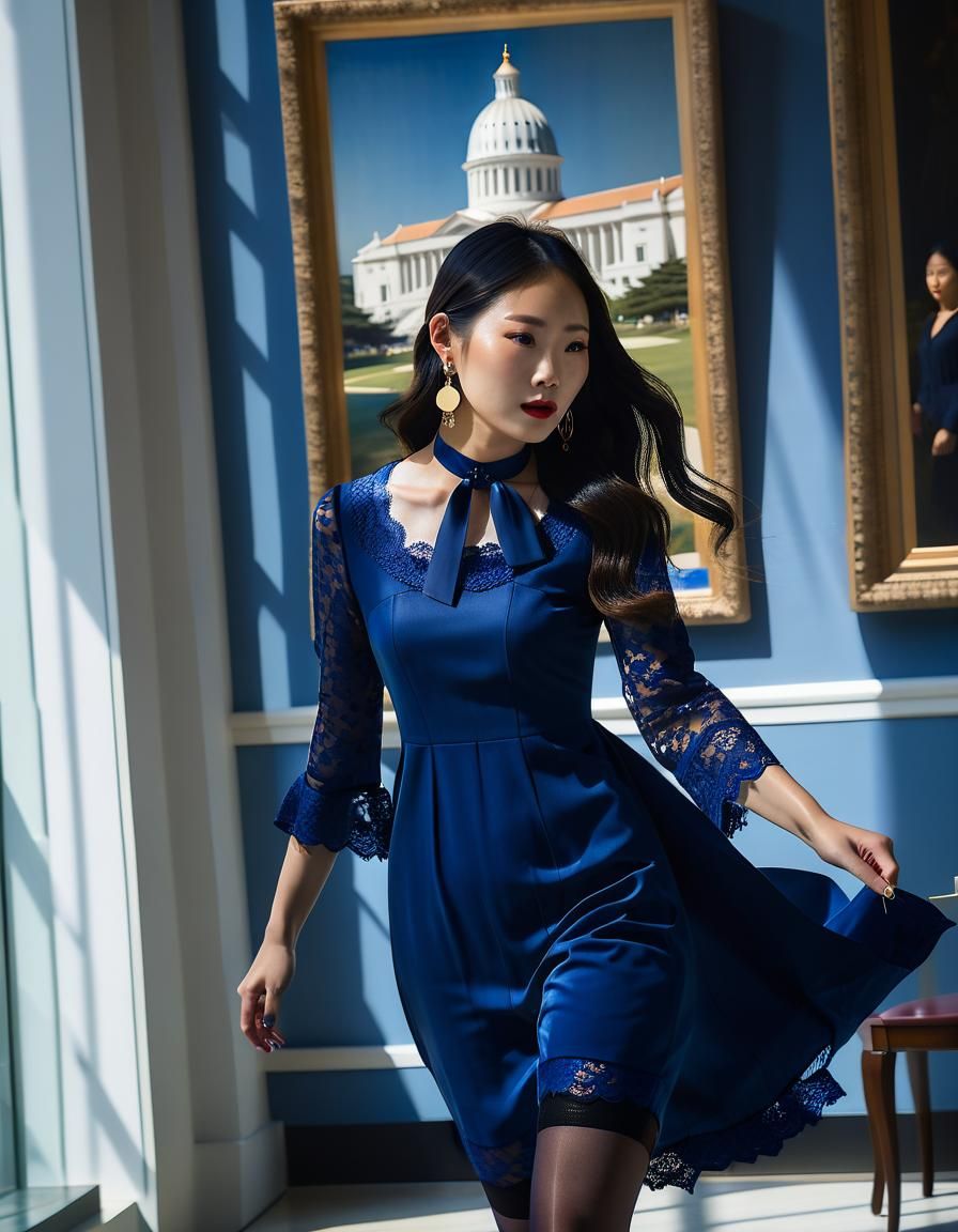 Korean Woman in Chiaroscuro Oil Painting Enters Museum