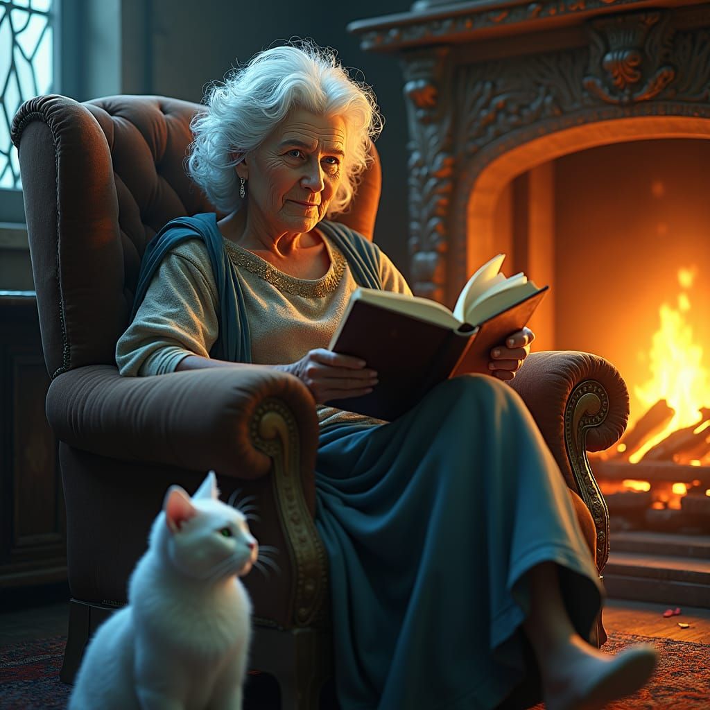 Enchanting Scene: Elderly Woman Reading by Firelight