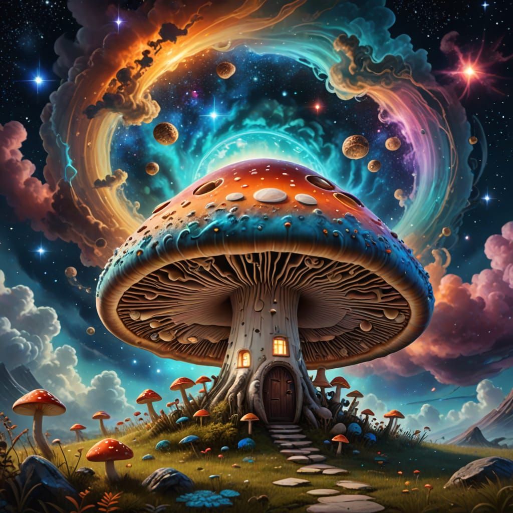 Ethereal Cosmic Mushroom with Celestial Portal