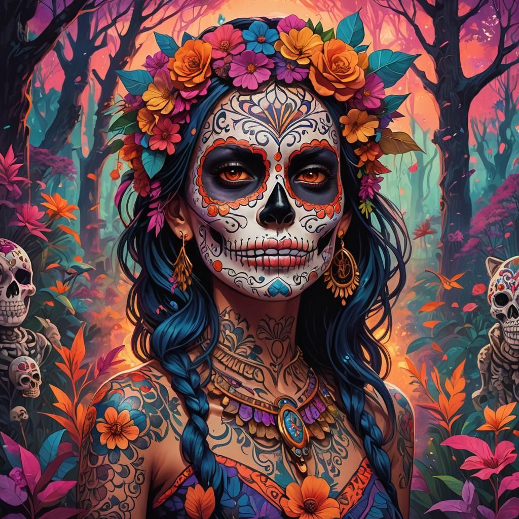 Micronesian Sugar Skull Woman in Fantasy Forest