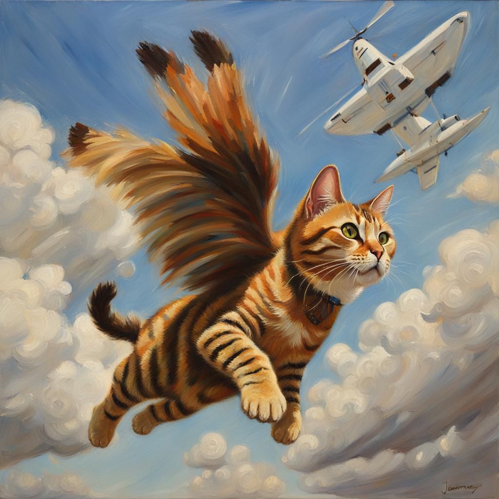 Cat Angel Flying: Oil Painting