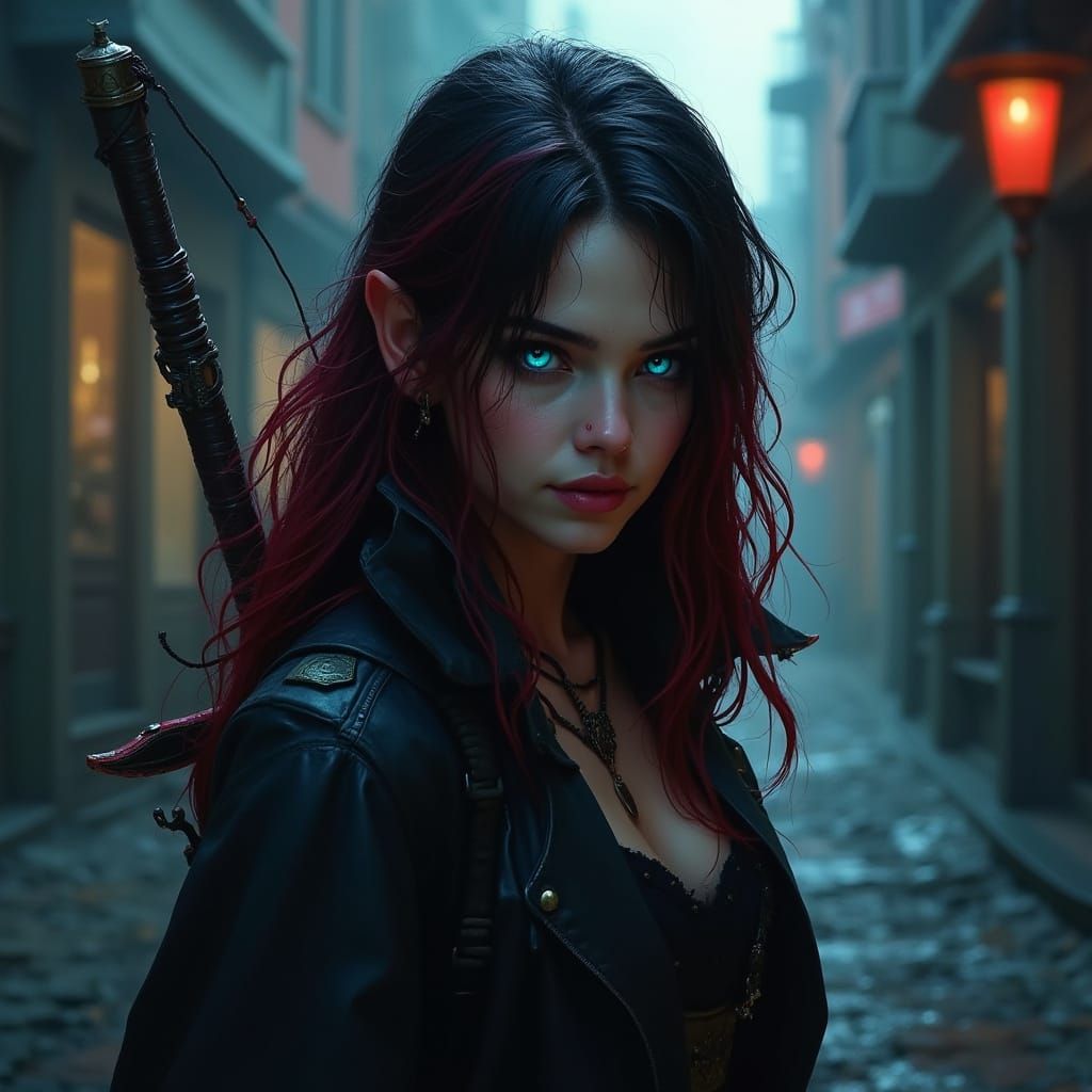 Cunning Half-Elf Rogue in Gothic City Shadows