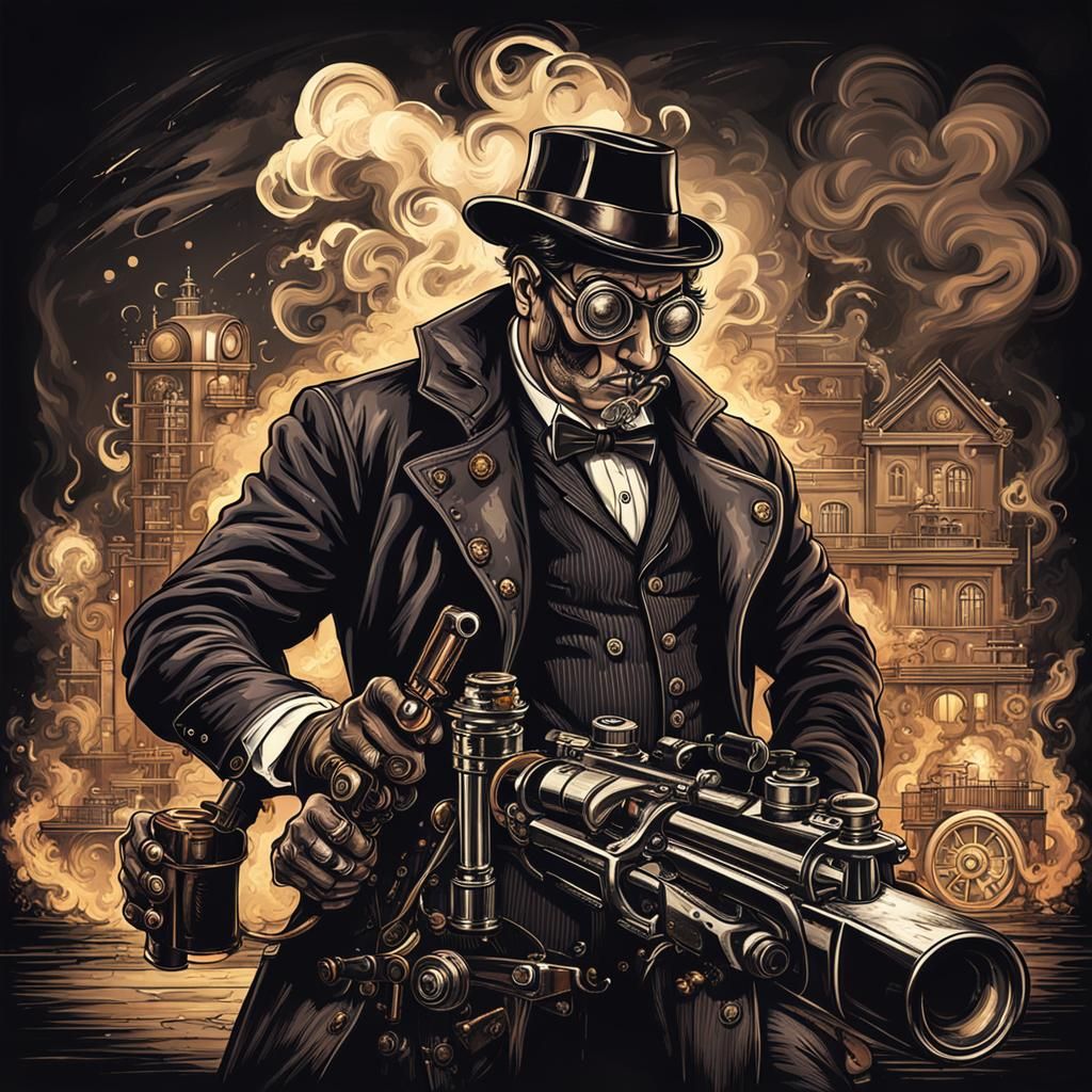 Steampunk Gangster with Gun Amidst Smoke and Fire