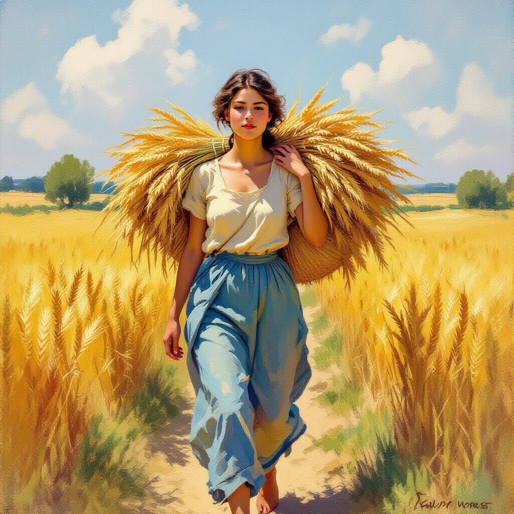 Impressionistic Woman With Wheat in Golden Field