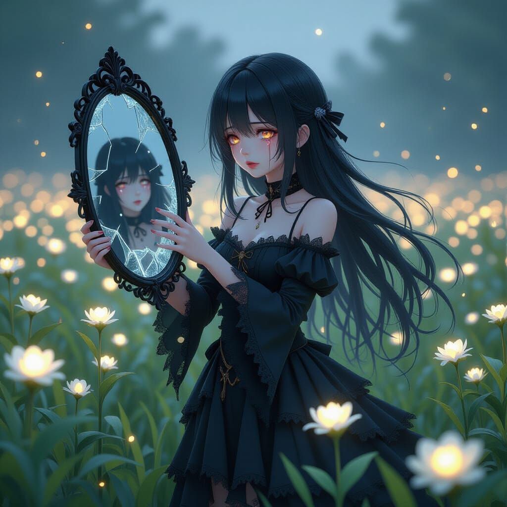 Melancholic Anime Girl in Bioluminescent Flower Field