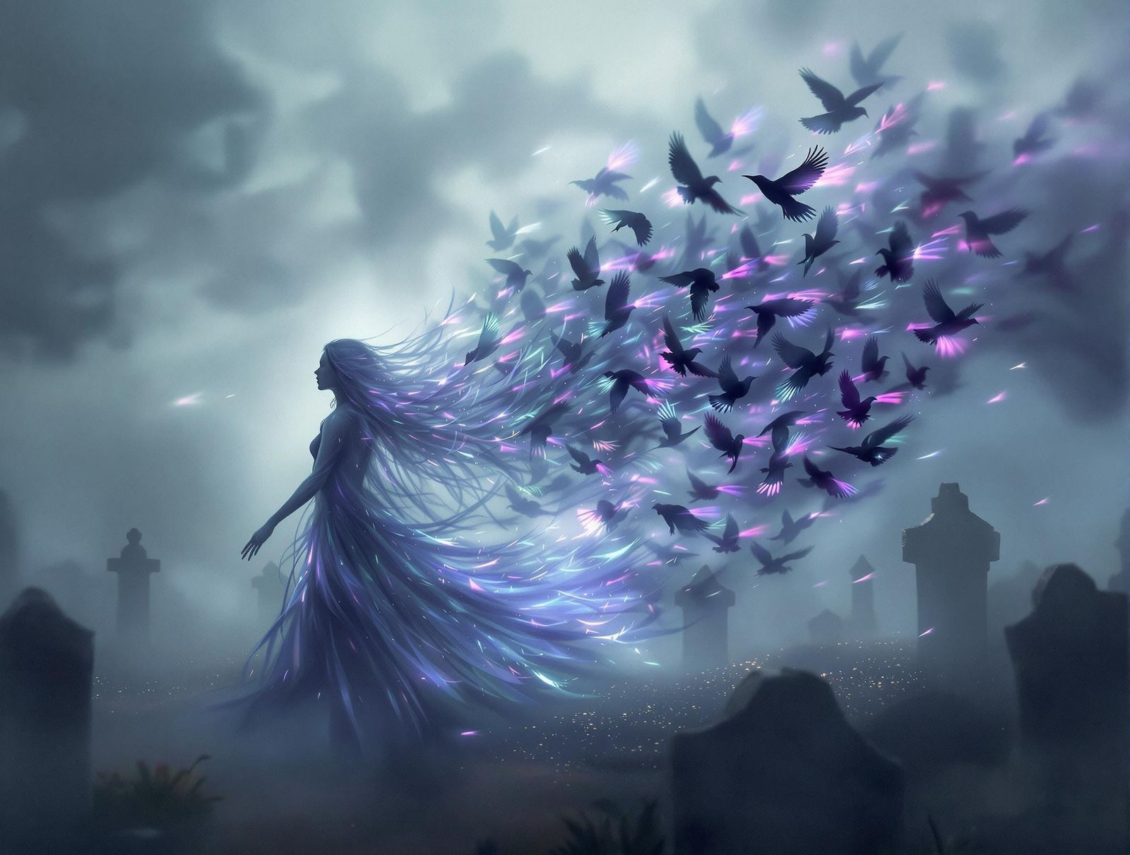 Surreal Cemetery Scene Unfolds into Swirling Vortex of Iride...