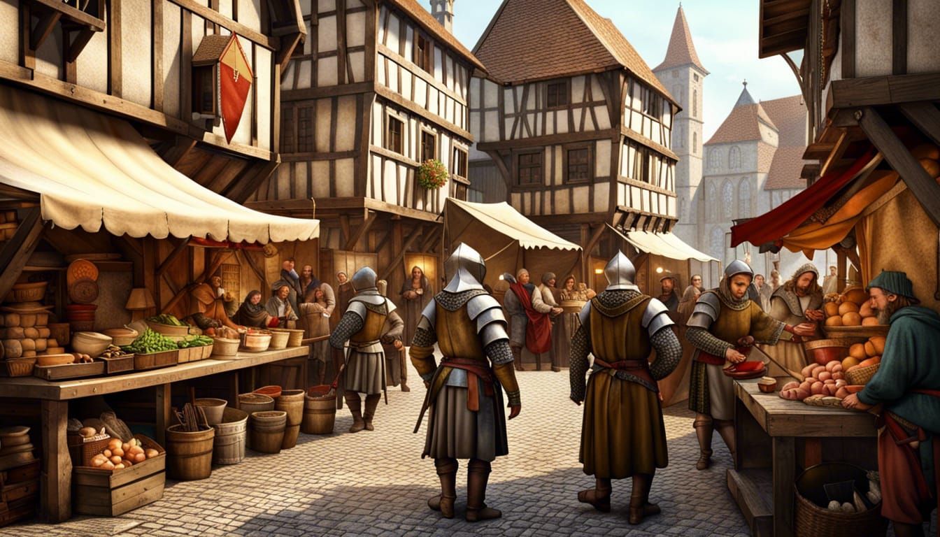 Bustling Medieval Marketplace with Knights and Merchants