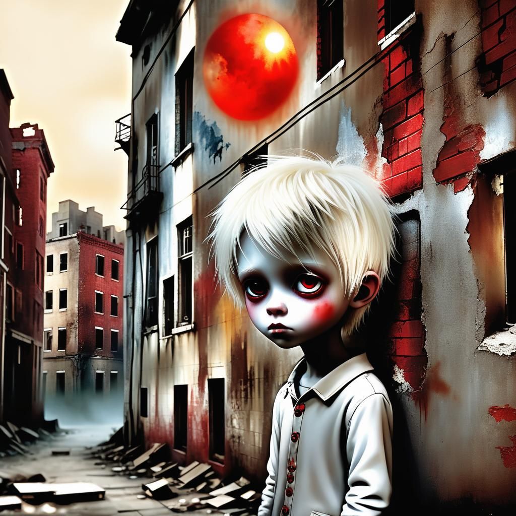 Sinister Albino Boy Gazing at Red Sun