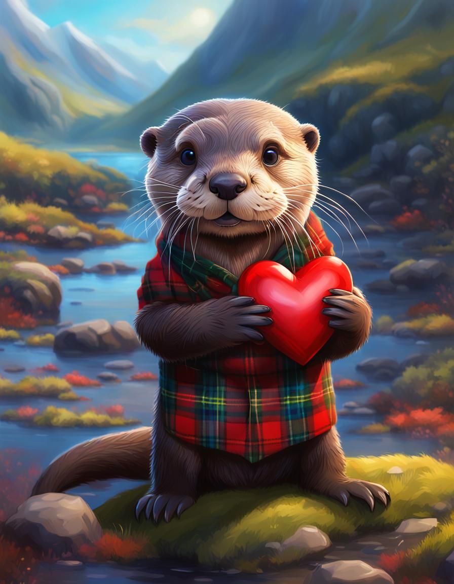 Happy Scottish Otter with Tartan Heart Gouache