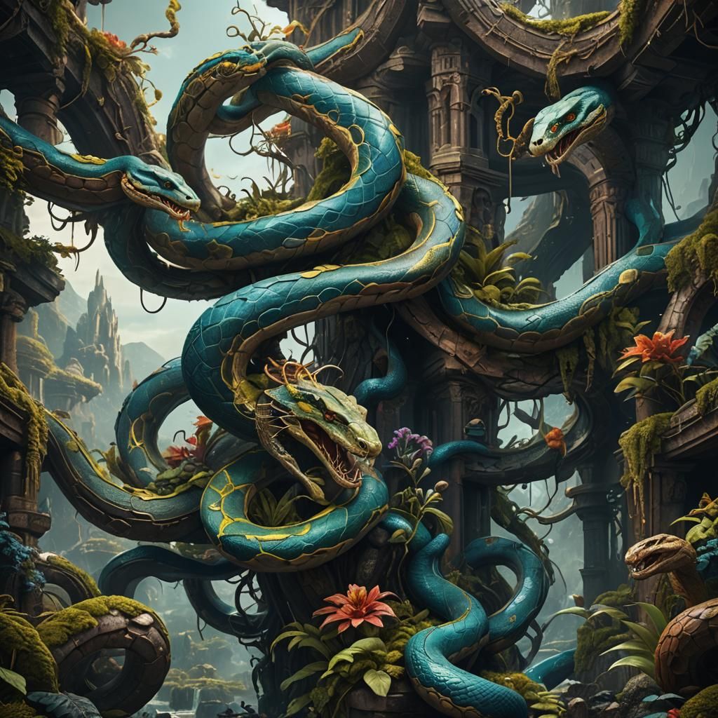 Fantastical Dual Snakes in Detailed Matte Painting