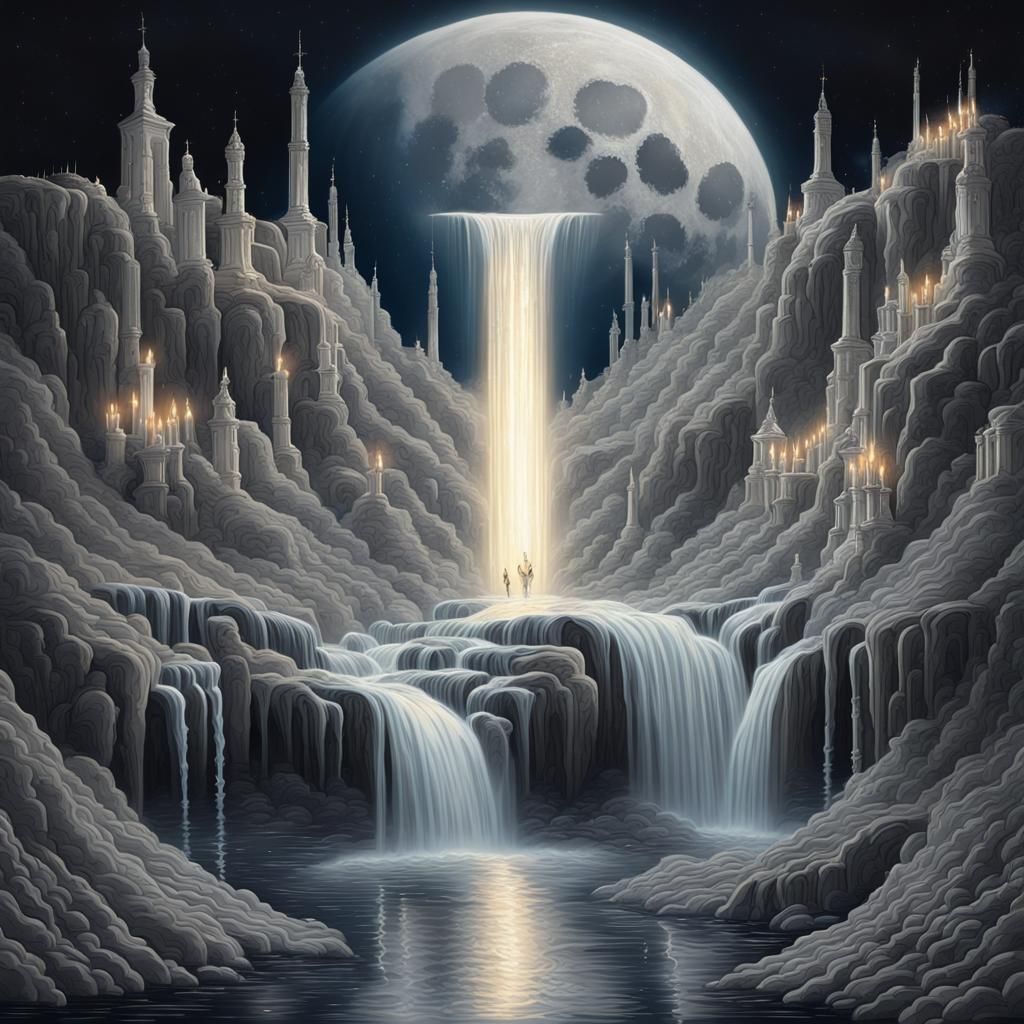 Moon Waterfall Over Candlelit Fantasy Landscape