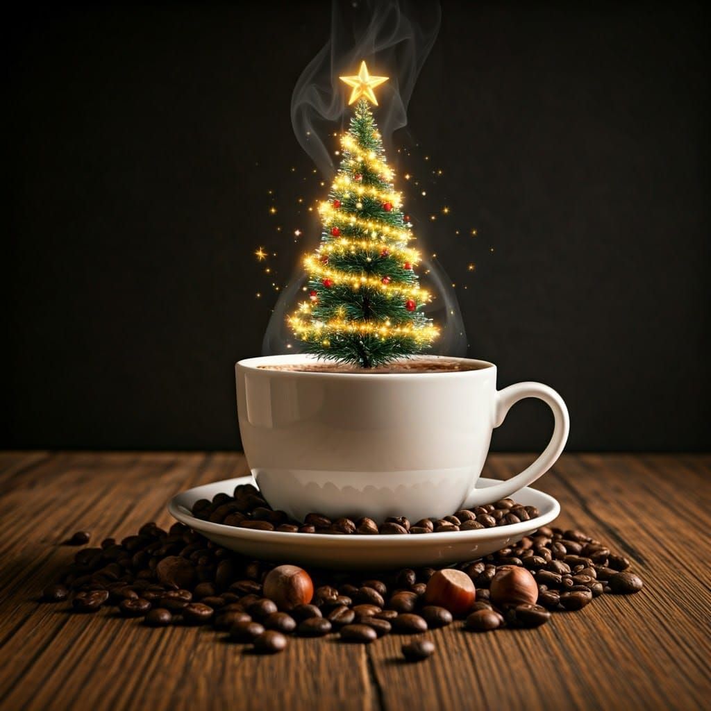 Surreal Christmas Coffee Scene in Photographic Realism