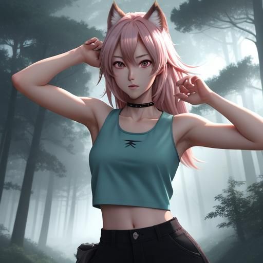 Confident Anime Werewolf Girl Stands Tall in Misty Forest