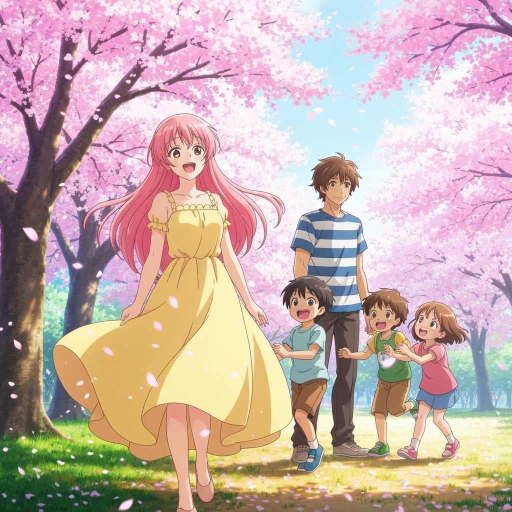 Anime Family Scene in Cherry Blossom Park