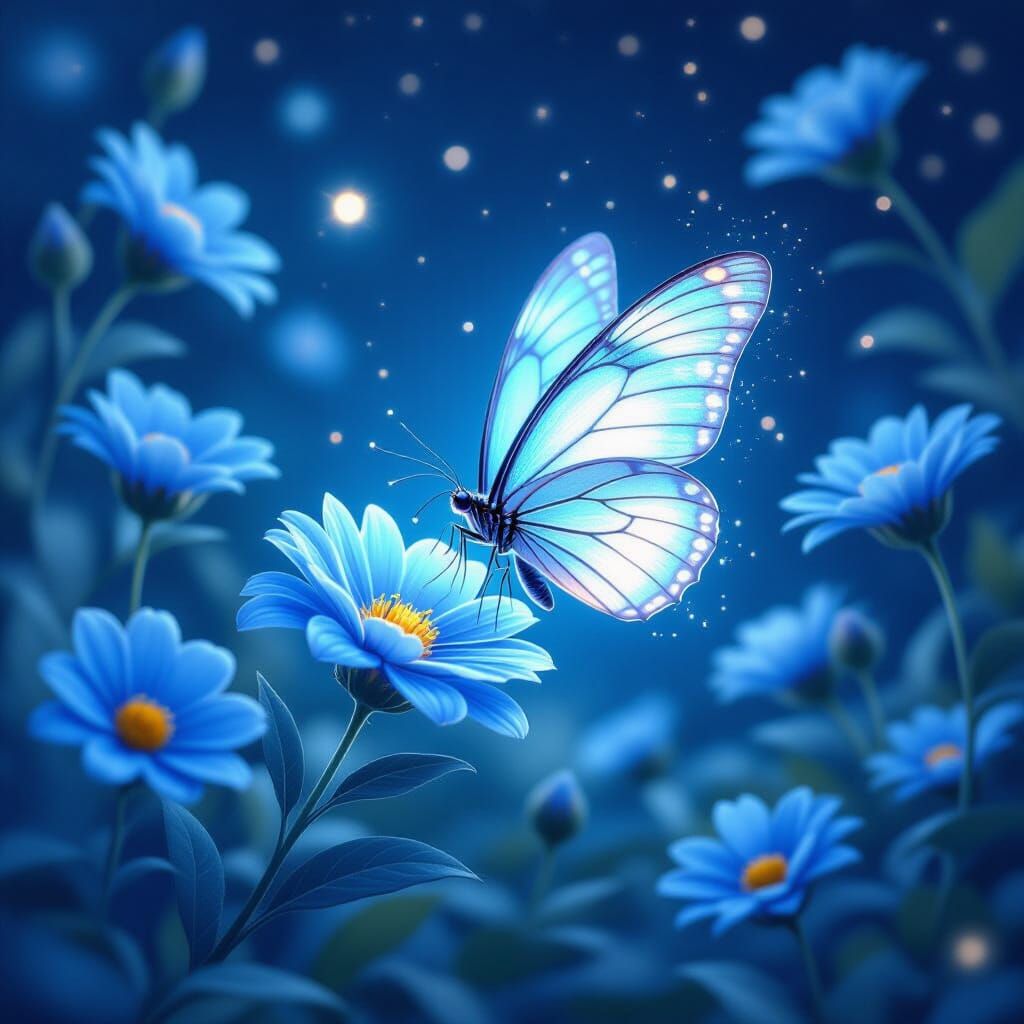Fairy with Blue Flowers in Magical Night