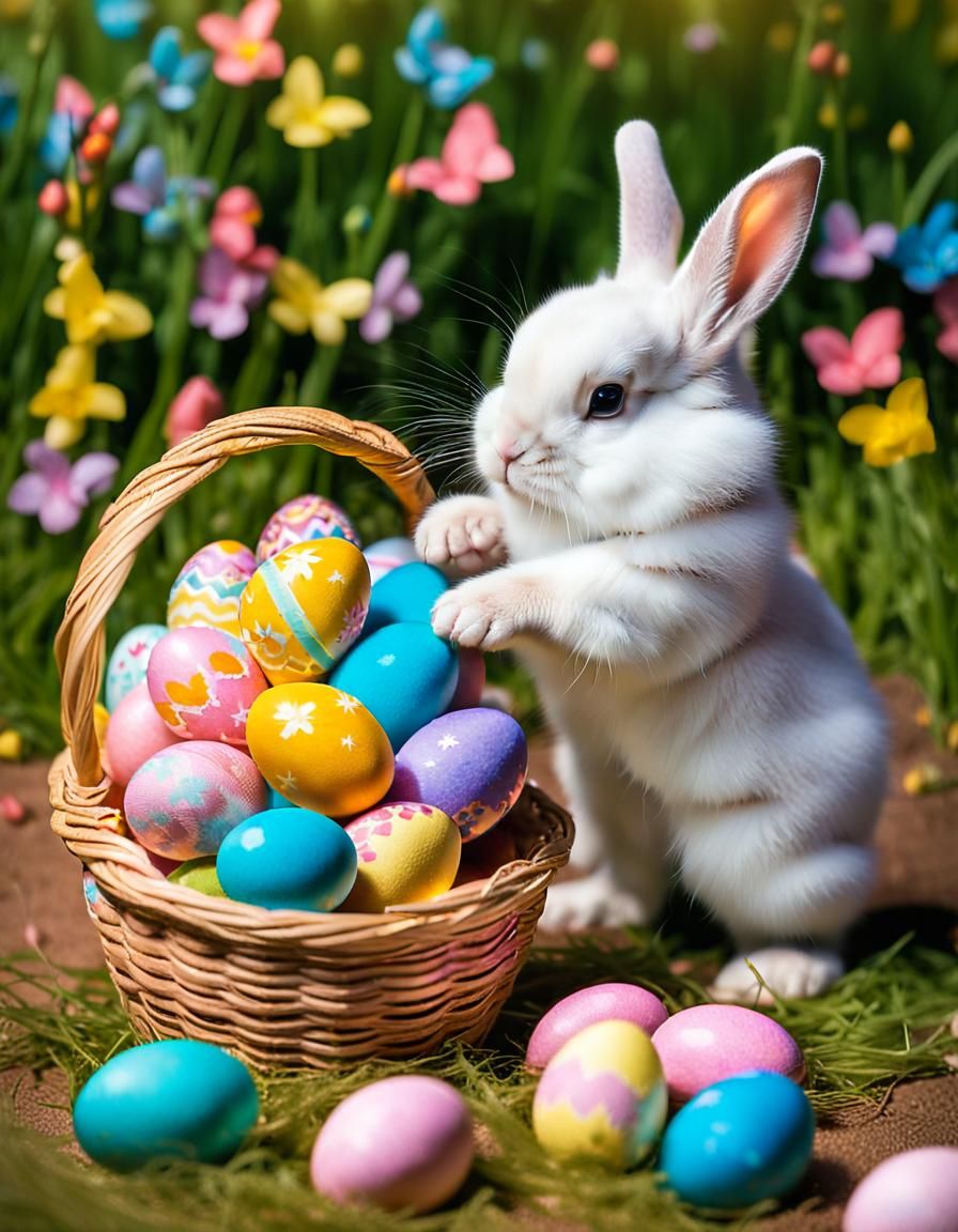 Pastel Easter Rabbit Reaching for Egg