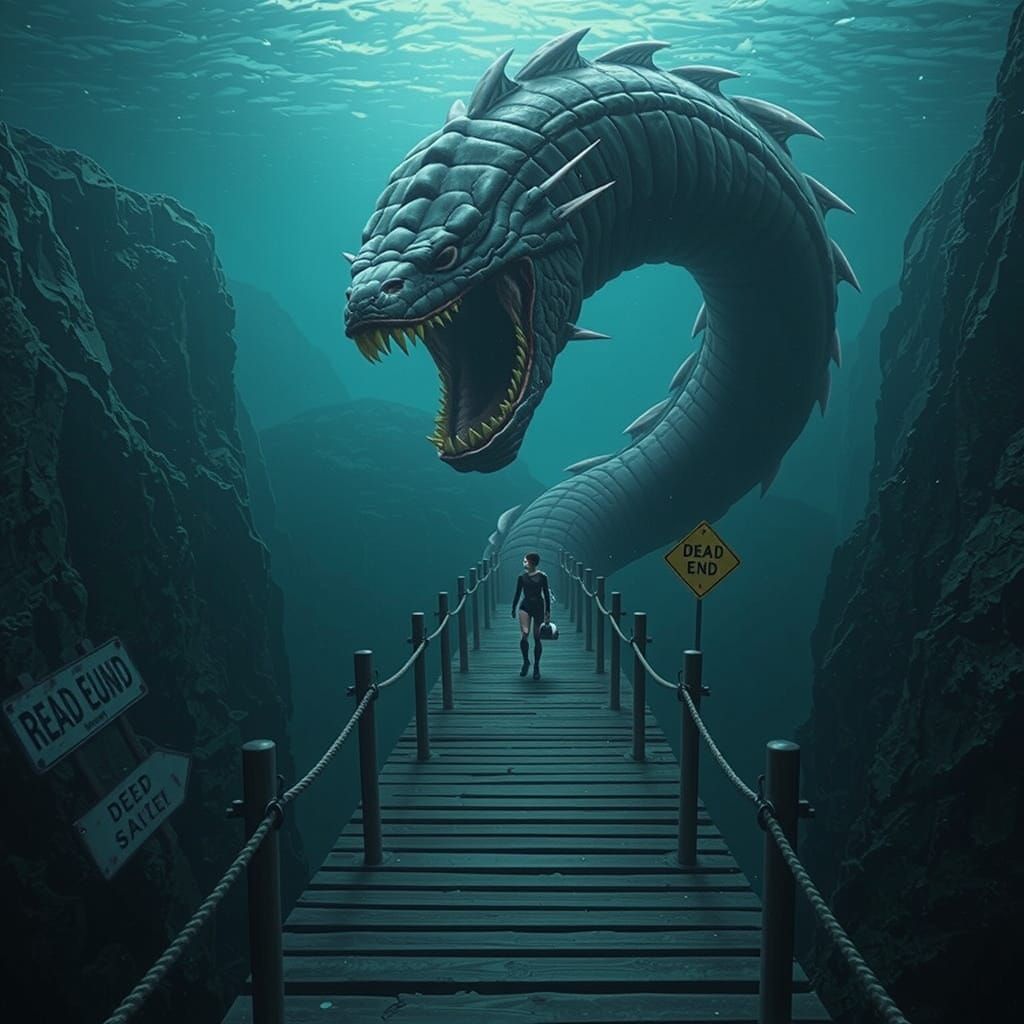 Diver Confronts Colossal Sea Serpent in Ominous Abyss