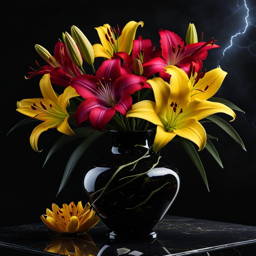 Dramatic Neon Vase with Stone and Wool Flowers